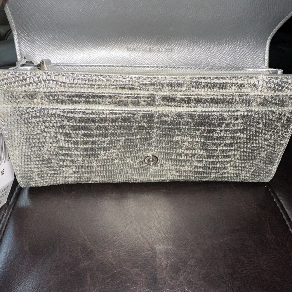 Michael Kors Tilda Flap Carryall Silver Python‎ Embossed Genuine Leather Wallet